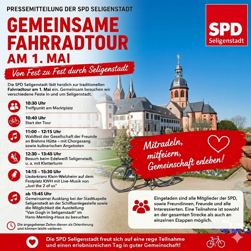 Gemeinsame Fahrradtour am 1. Mai – Von Fest zu Fest durch Seligenstadt