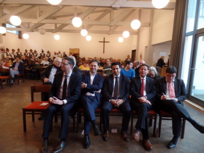 von links: Thorsten Schäfer-Gümbel, SPD-Bundestagsabgordneter Jens Zimmermann, Bürgermeister von Heusenstamm Halil Öztas, Landtagsabgeordneter Corrado di Benedetto, Kreisbeigeordneter und SPD-Kreisvorsitzender Carsten Müller